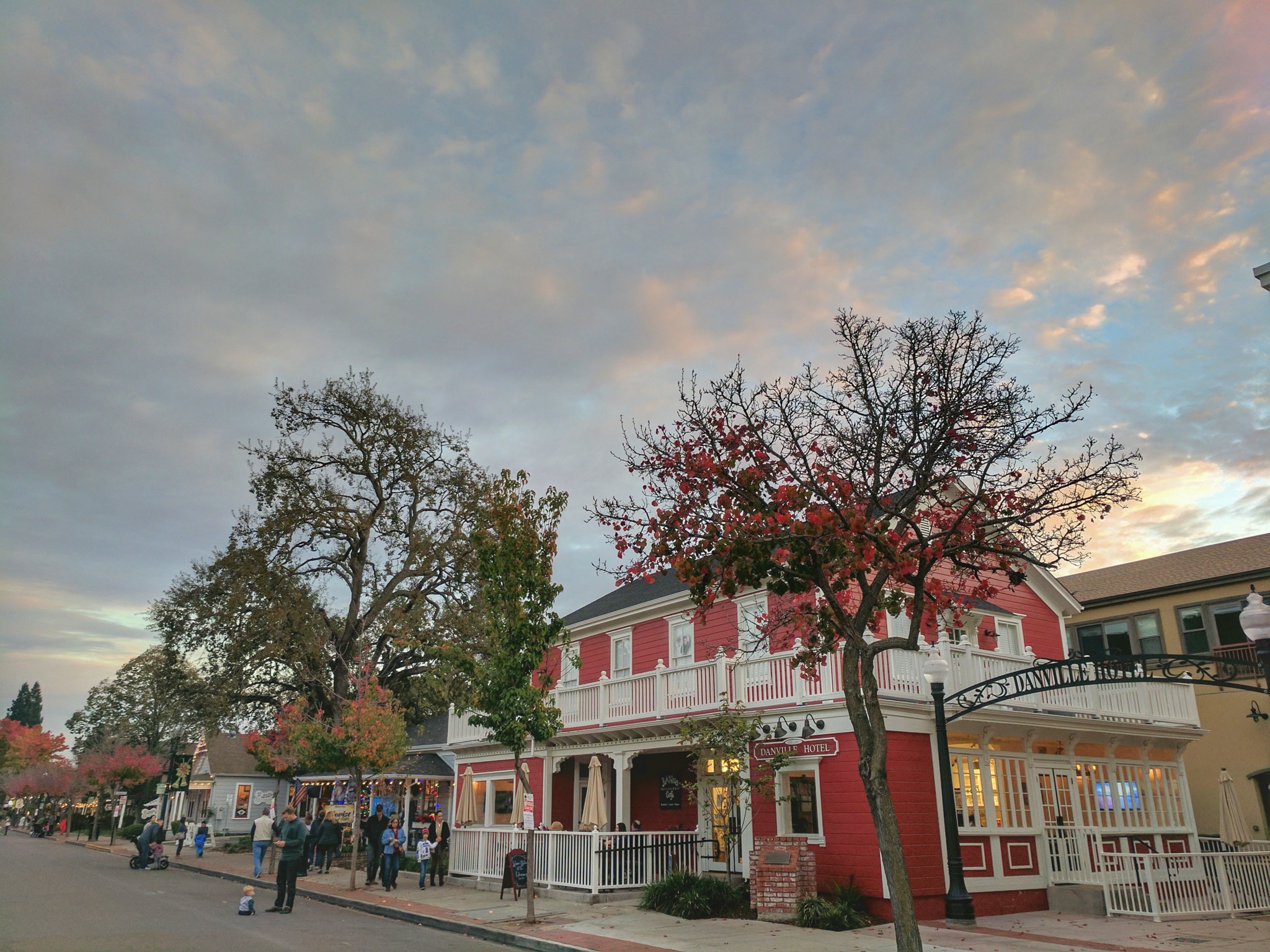 The historic Danville Hotel on Hartz Avenue in downtown Danville at dusk.