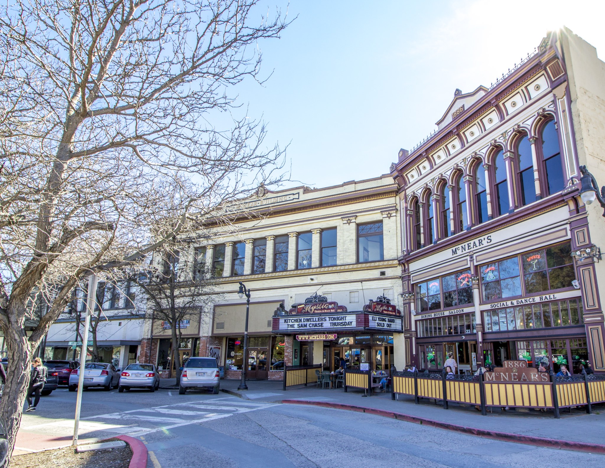 The historic McNear's building and Mystic Theatre block in downtown Petaluma.