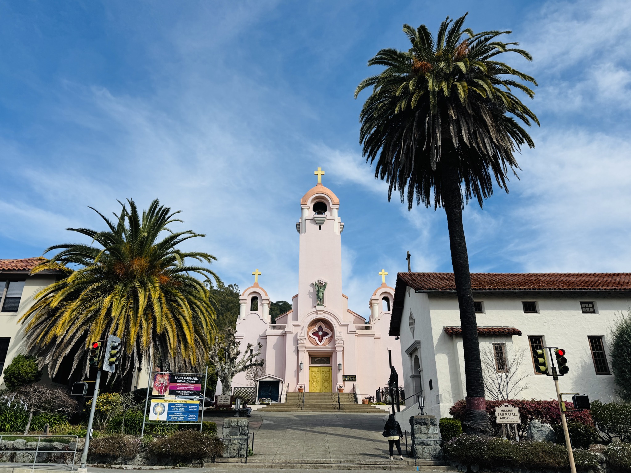 Mission San Rafael Arcángel under palm trees in downtown San Rafael.